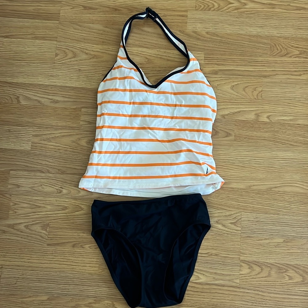 Nautical halter tankini and high cut bottom